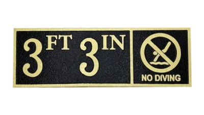 Depth Marker Plaque with No Diving - 4″ numbers - 6″ x 18″ Yellow Brass